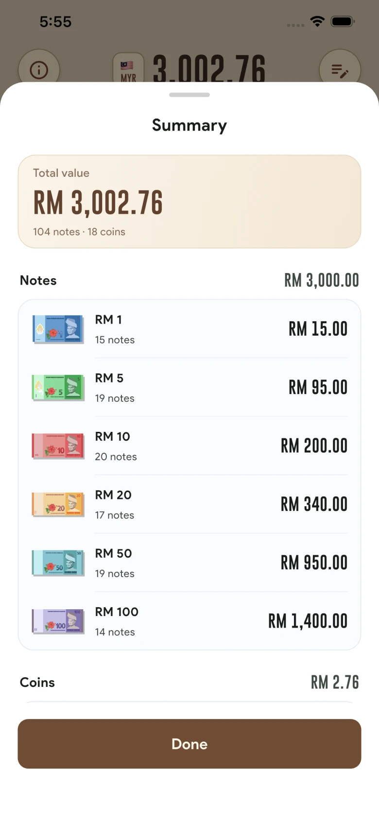 Summary showing the total value and individual counts for each note and coin