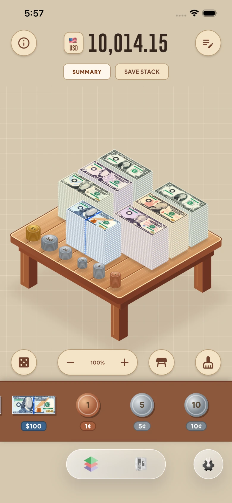 Illustrated US dollar notes and coins stacked on a table