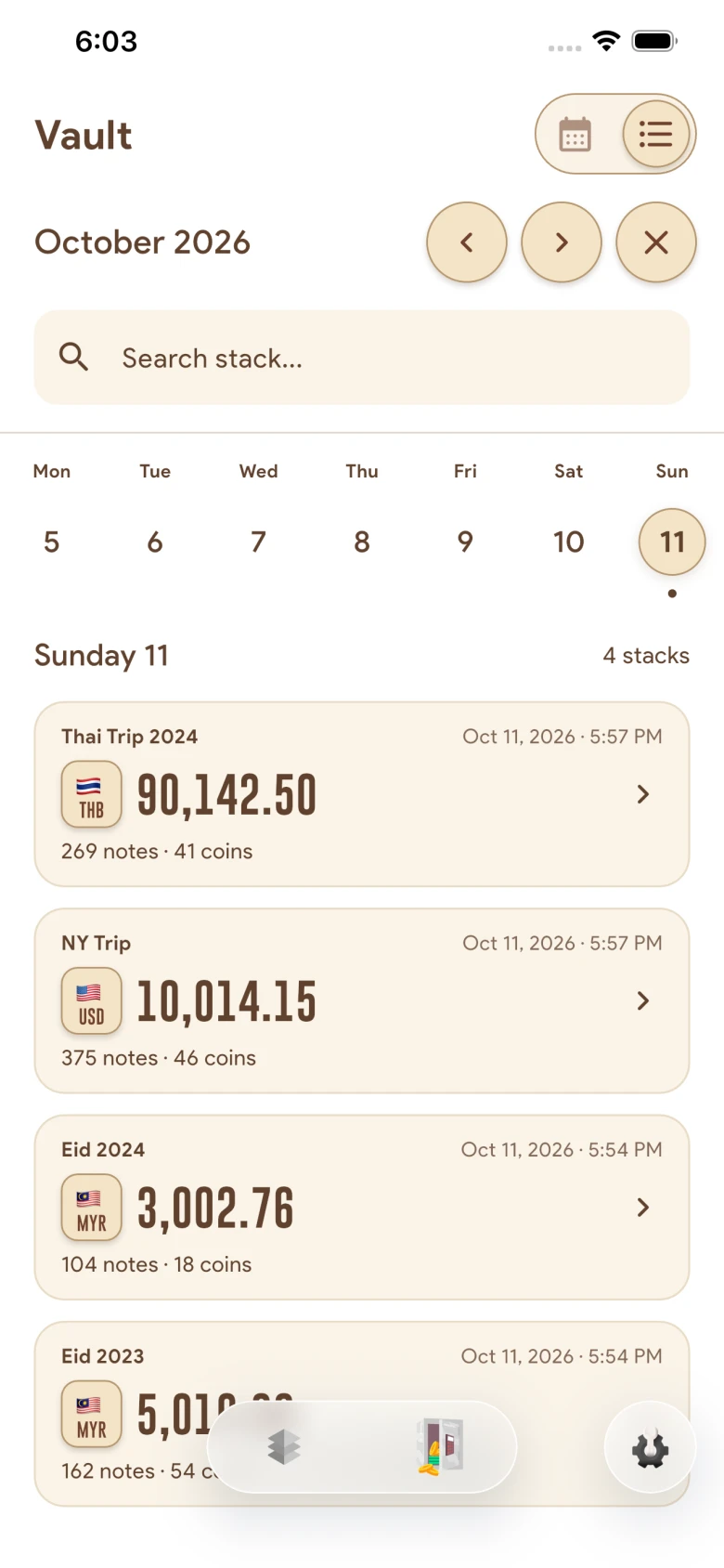Money Stack Vault showing saved stacks in a weekly calendar